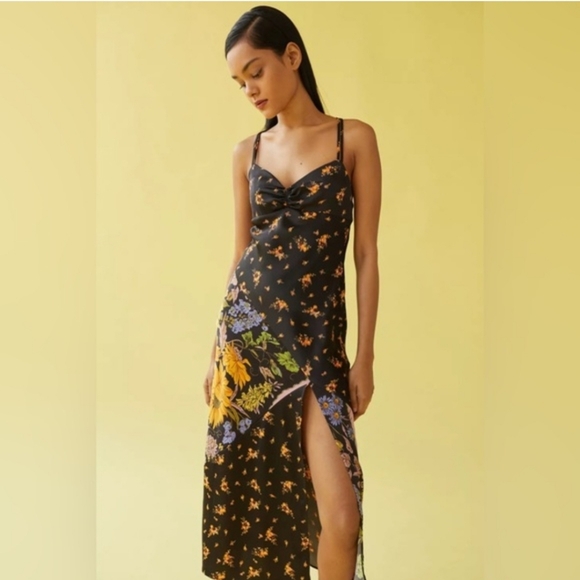 URBAN OUTFITTERS Samira Satin Slip Dress Black Floral Midi Size Medium - Picture 2 of 8